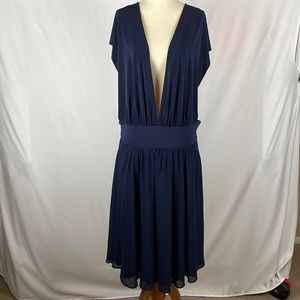 White House Black Market Navy Blue Deep V Dress w/Chiffon Overlay - Size 14